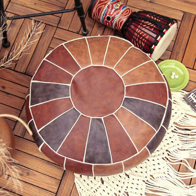 KIMLUD, Round Moroccan Seat Cushion Cover Faux Leather Patchwork Craft Floor Hassock Ottoman Footstool Large Unstuffed Sitting Pillow, KIMLUD Womens Clothes