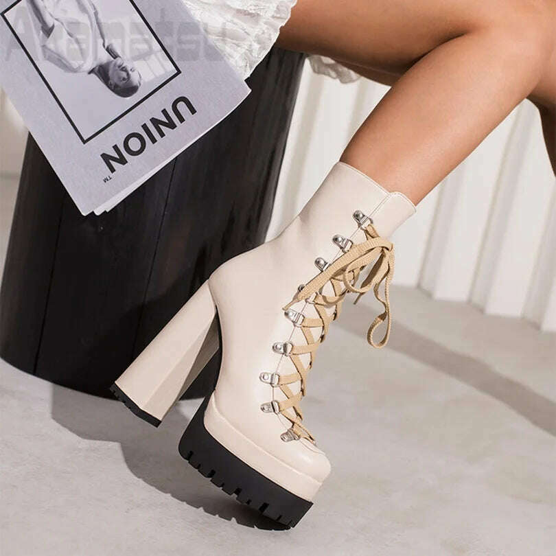 KIMLUD, Round Toe Platform Cross Tied Boots Women Summer Shoes Chunky High Heel Side Zipper Mid Fashion Boots 2023 Zapatos Para Mujere, KIMLUD Womens Clothes