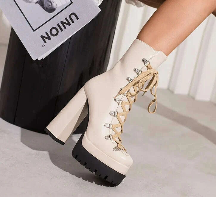 KIMLUD, Round Toe Platform Cross Tied Boots Women Summer Shoes Chunky High Heel Side Zipper Mid Fashion Boots 2023 Zapatos Para Mujere, KIMLUD Womens Clothes