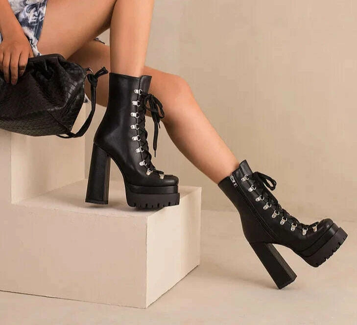 KIMLUD, Round Toe Platform Cross Tied Boots Women Summer Shoes Chunky High Heel Side Zipper Mid Fashion Boots 2023 Zapatos Para Mujere, KIMLUD Womens Clothes