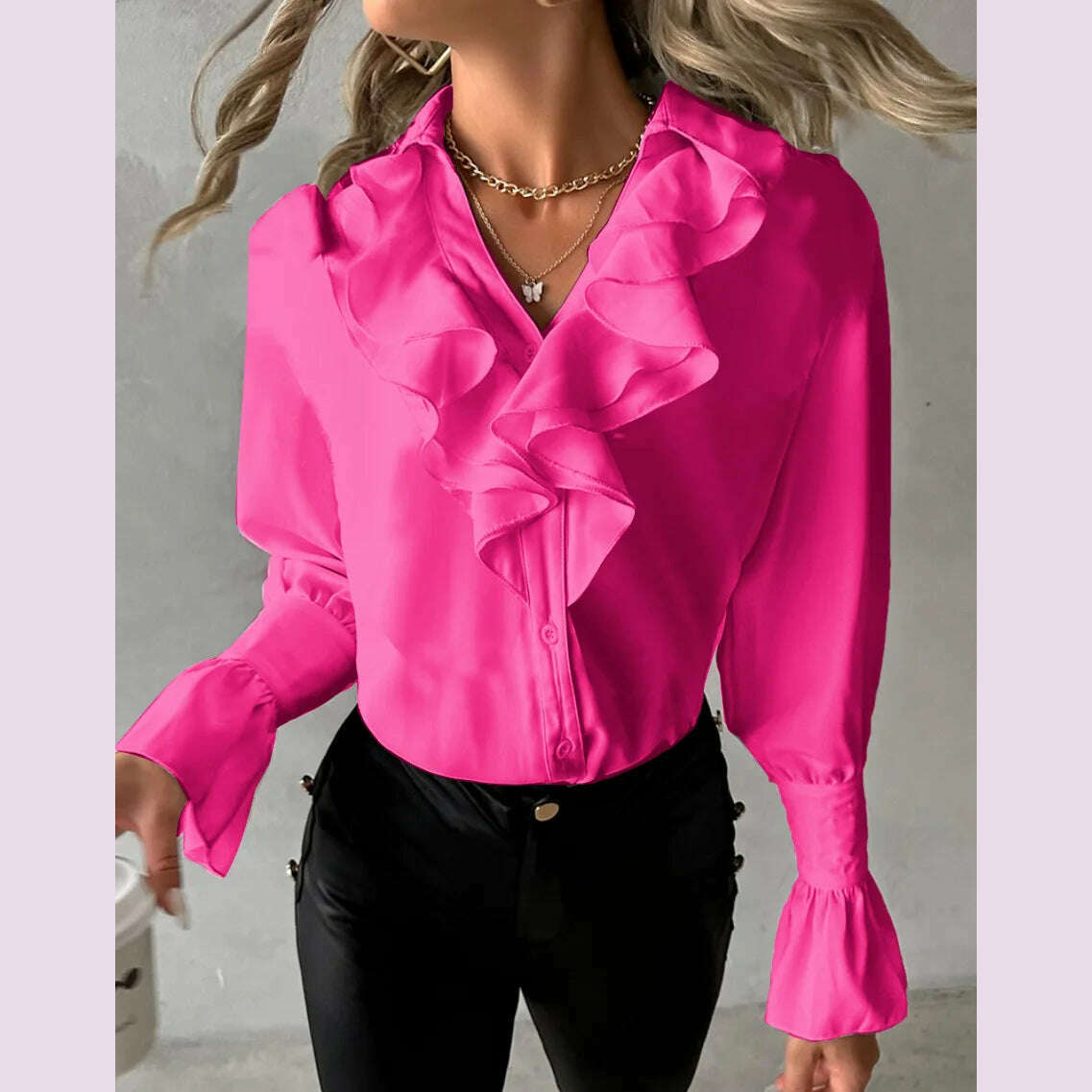 KIMLUD, Ruffle edge long sleeved V-neck solid color women's shirt shirt shirt, professionally designed to showcase professional charm, Rose Red / XL, KIMLUD APPAREL - Womens Clothes