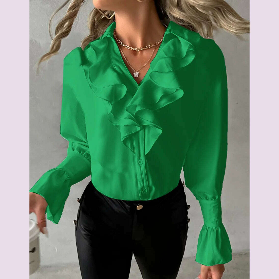 KIMLUD, Ruffle edge long sleeved V-neck solid color women's shirt shirt shirt, professionally designed to showcase professional charm, green / L, KIMLUD APPAREL - Womens Clothes