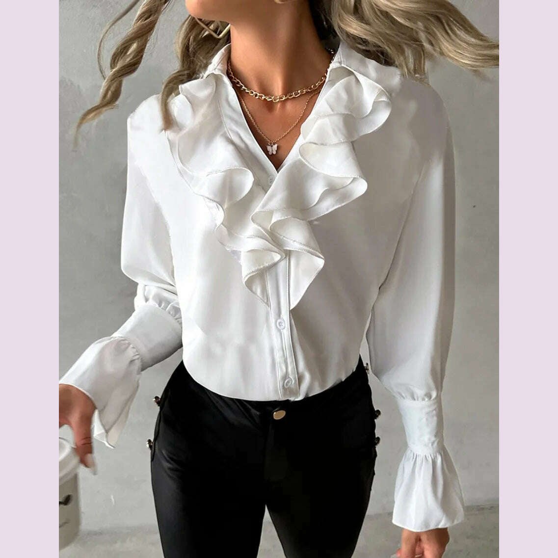 KIMLUD, Ruffle edge long sleeved V-neck solid color women's shirt shirt shirt, professionally designed to showcase professional charm, WHITE / XXL, KIMLUD APPAREL - Womens Clothes