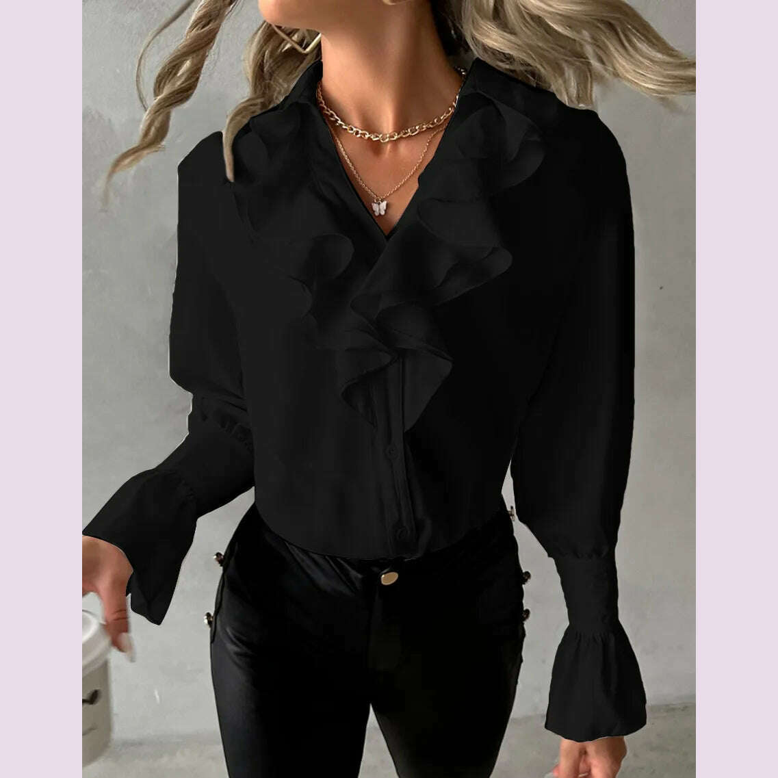 KIMLUD, Ruffle edge long sleeved V-neck solid color women's shirt shirt shirt, professionally designed to showcase professional charm, black / M, KIMLUD APPAREL - Womens Clothes