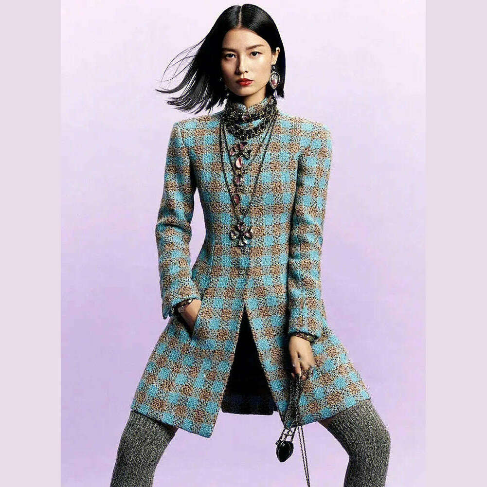 KIMLUD, Runway Designer Female Wool Coat 2023 Elegant Vintage Single Breasted SLim Long Plaid Tweed Jacket Women's Jacket and Coat, KIMLUD Womens Clothes