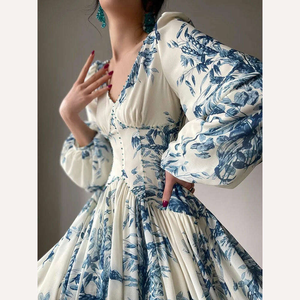 KIMLUD, Runway Luxury Beading High Waist Party Dresses Brand Women Vintage Elegant Lantern Sleeve Chic Blue White Porcelain Print Dress, Picture color / M, KIMLUD APPAREL - Womens Clothes