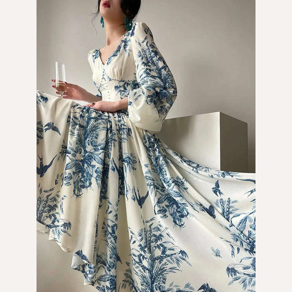 KIMLUD, Runway Luxury Beading High Waist Party Dresses Brand Women Vintage Elegant Lantern Sleeve Chic Blue White Porcelain Print Dress, KIMLUD Womens Clothes