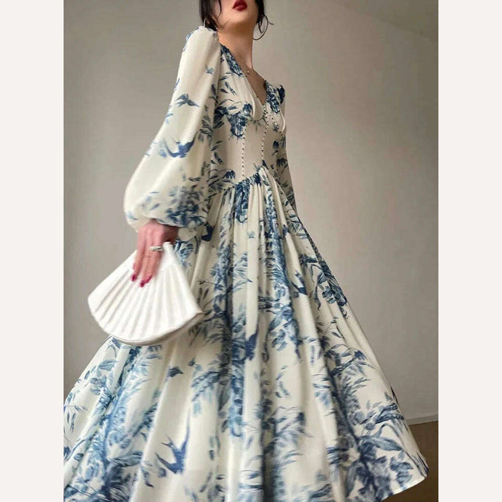 KIMLUD, Runway Luxury Beading High Waist Party Dresses Brand Women Vintage Elegant Lantern Sleeve Chic Blue White Porcelain Print Dress, KIMLUD Womens Clothes