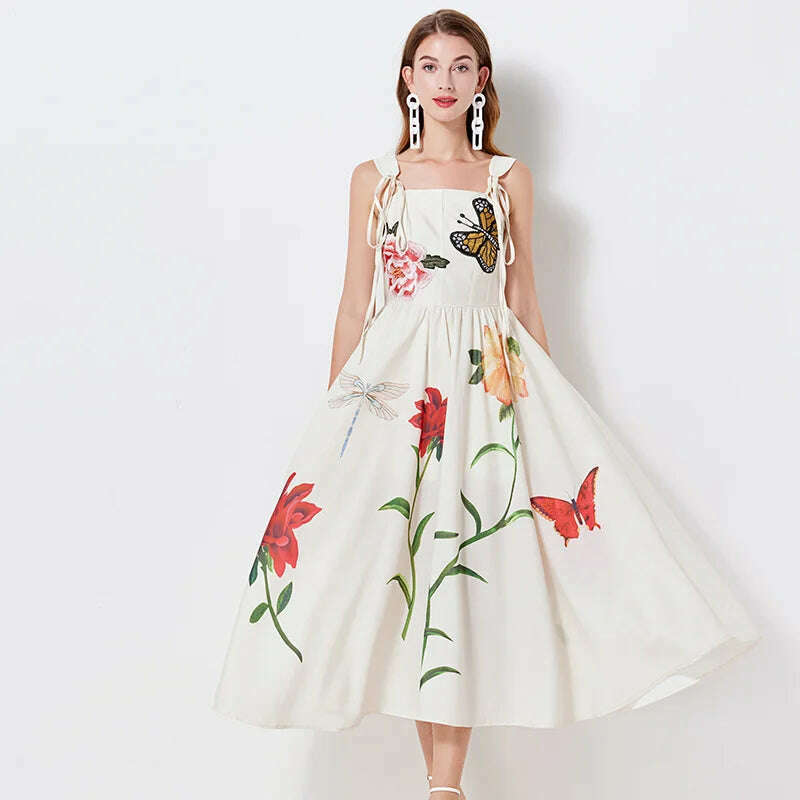 KIMLUD, Runway Summer Embroidery Cotton Long Dress For Women Straps Beach Holiday Sundress Butterfly Fashion Elegant Midi Dresses Lady, beige / S, KIMLUD APPAREL - Womens Clothes