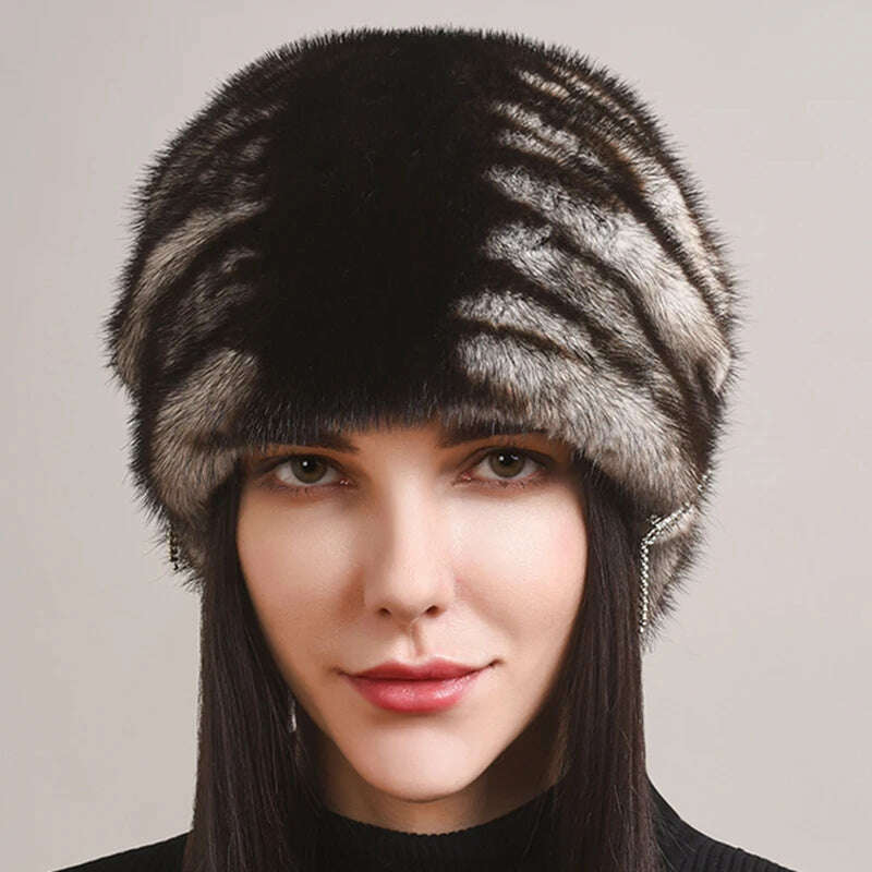 KIMLUD, Russian Fur Hat Winter Warm Natural Mink Fur Hats for Women Classic Luxury Caps Earflap Christmas Hat Luxury Lady Real Mink Hat, KIMLUD Womens Clothes