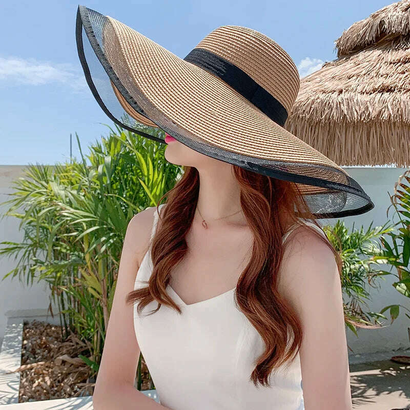 KIMLUD, S09 Straw hat Summer New Style Black Mesh Female Summer Sunscreen Cover Seaside Vacation Holiday Foldable Beach Hat Sun Visor, KIMLUD Womens Clothes