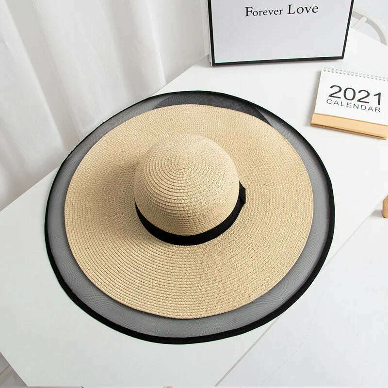 S09 Straw hat Summer New Style Black Mesh Female Summer Sunscreen Cover Seaside Vacation Holiday Foldable Beach Hat Sun Visor - KIMLUD