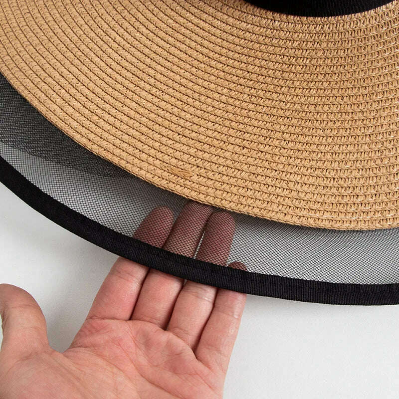 KIMLUD, S09 Straw hat Summer New Style Black Mesh Female Summer Sunscreen Cover Seaside Vacation Holiday Foldable Beach Hat Sun Visor, KIMLUD Womens Clothes