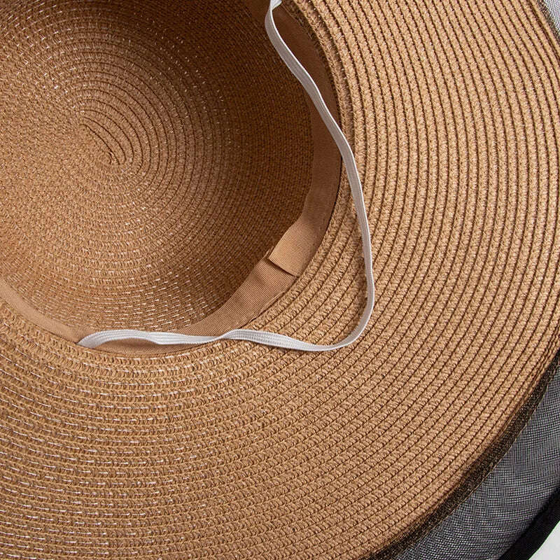 S09 Straw hat Summer New Style Black Mesh Female Summer Sunscreen Cover Seaside Vacation Holiday Foldable Beach Hat Sun Visor - KIMLUD