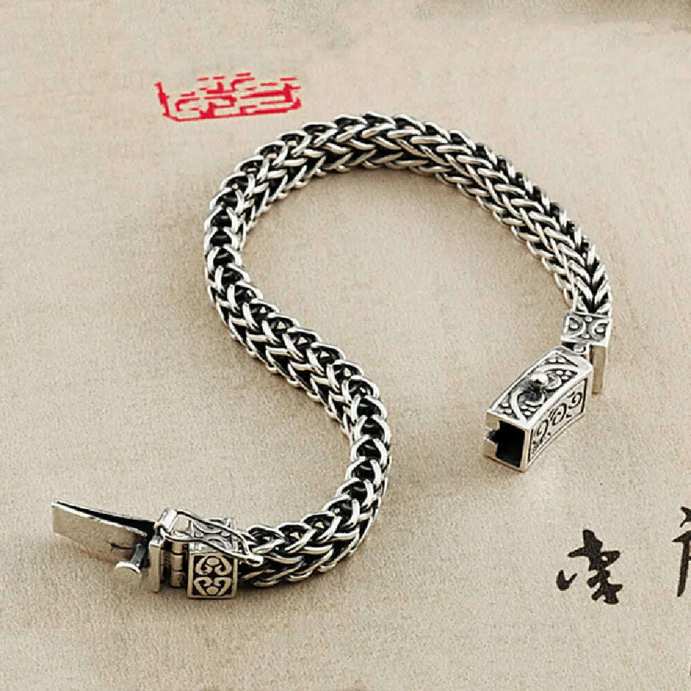 KIMLUD, S925 Sterling Silver Charm Bracelets 2023 Popular Retro Totem Double Row Woven-Chain Pure Argentum Amulet Jewelry for Men Bangle, KIMLUD Womens Clothes