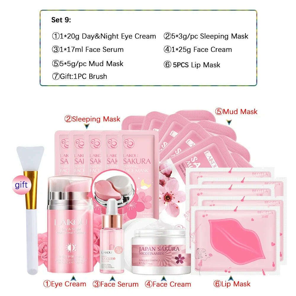 KIMLUD, Sakura Skincare Set 24K Gold Facial Products Kit Moisturizing Mask Anti Wrinkles Cream Face Beauty Health Care Product for Women, Set 8-19pcs, KIMLUD APPAREL - Womens Clothes