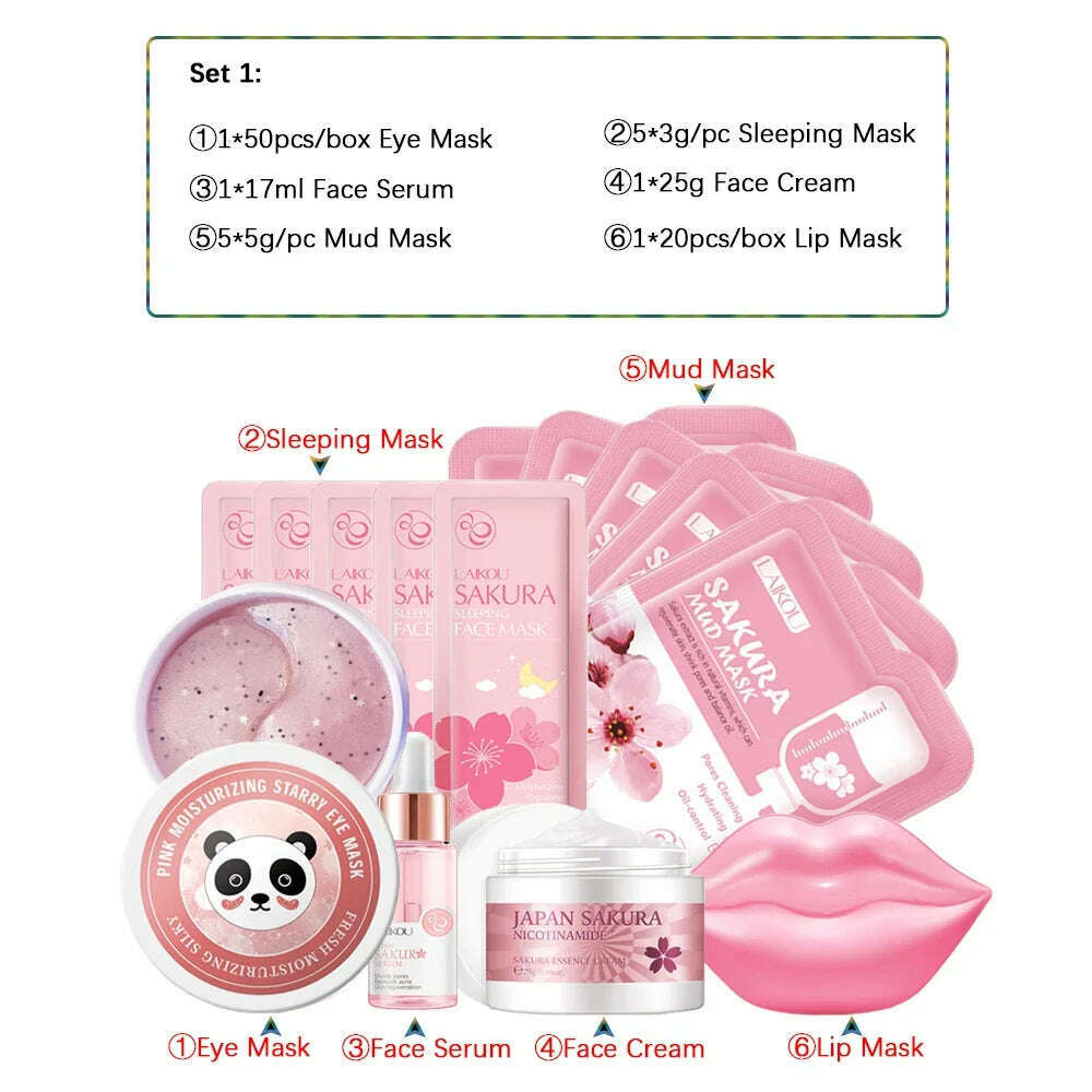 KIMLUD, Sakura Skincare Set 24K Gold Facial Products Kit Moisturizing Mask Anti Wrinkles Cream Face Beauty Health Care Product for Women, Set 1-14pcs, KIMLUD APPAREL - Womens Clothes