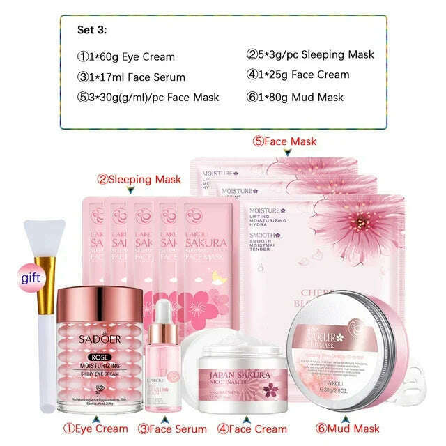 KIMLUD, Sakura Skincare Set 24K Gold Facial Products Kit Moisturizing Mask Anti Wrinkles Cream Face Beauty Health Care Product for Women, Set 2-12pcs, KIMLUD APPAREL - Womens Clothes