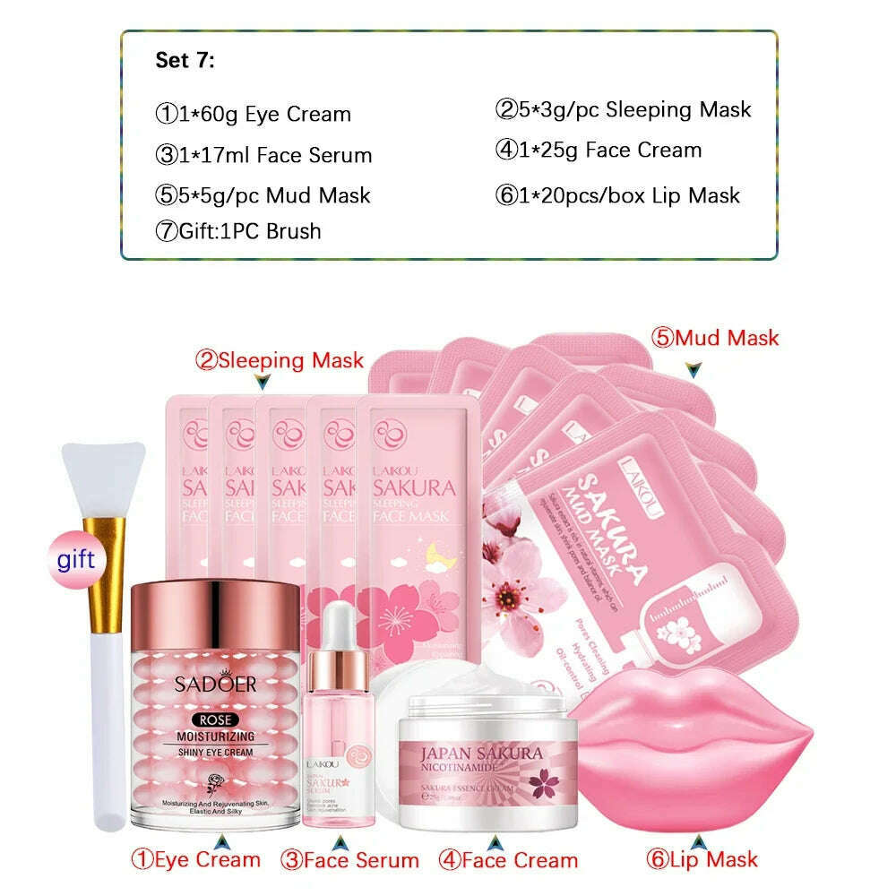 KIMLUD, Sakura Skincare Set 24K Gold Facial Products Kit Moisturizing Mask Anti Wrinkles Cream Face Beauty Health Care Product for Women, Set 6-15pcs, KIMLUD APPAREL - Womens Clothes