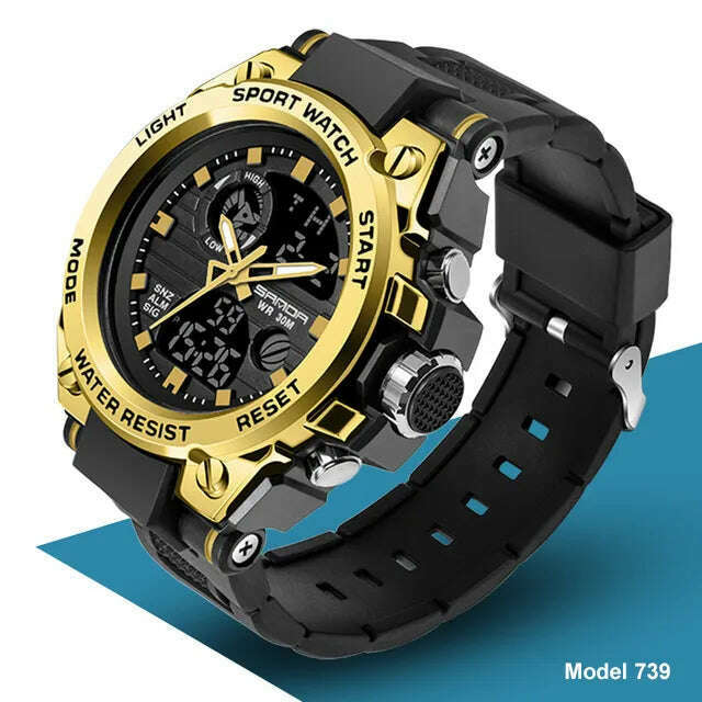 KIMLUD, SANDA 2023 Top Brand Men's Watches 5ATM Waterproof Sport Military Wristwatch Quartz Watch for Men Clock Relogio Masculino 6024, 739 Gold, KIMLUD APPAREL - Womens Clothes