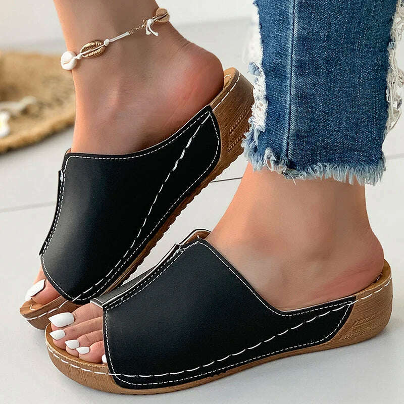 KIMLUD, Sandals Shoes Women Summer Casual Shoes Woman Slides Women Shoe Wedge Sandals Ladies Retro Female Women Slippers Footwear, Black / 36, KIMLUD APPAREL - Womens Clothes