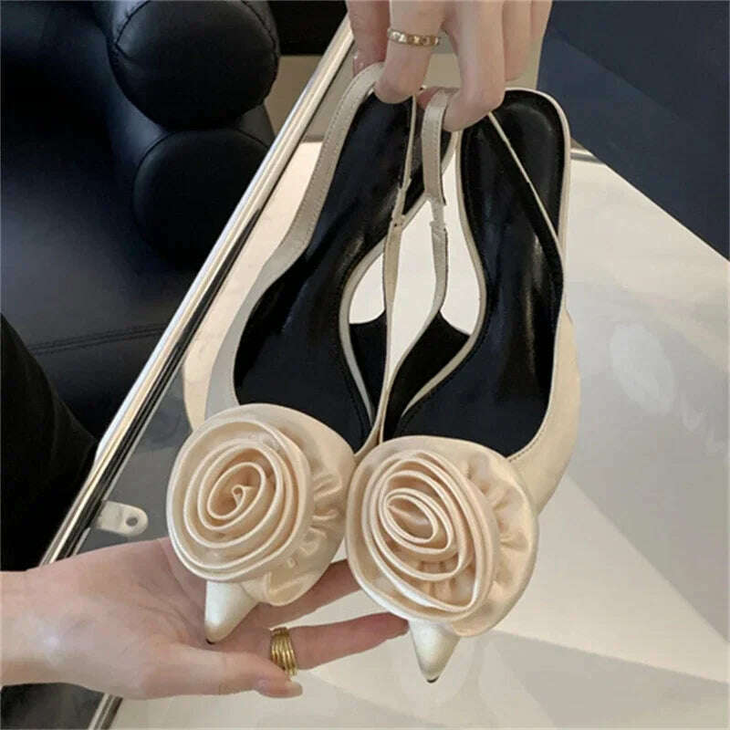 Satin Slingback Mule Women Pumps Sexy Design Flowers Pointed Toe Thin High Heels Banquet Wedding Shoes - KIMLUD