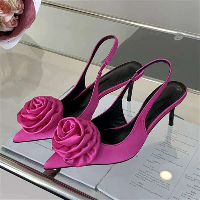 Satin Slingback Mule Women Pumps Sexy Design Flowers Pointed Toe Thin High Heels Banquet Wedding Shoes - KIMLUD