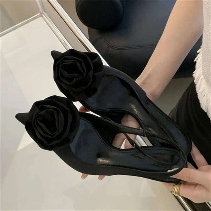 Satin Slingback Mule Women Pumps Sexy Design Flowers Pointed Toe Thin High Heels Banquet Wedding Shoes - KIMLUD