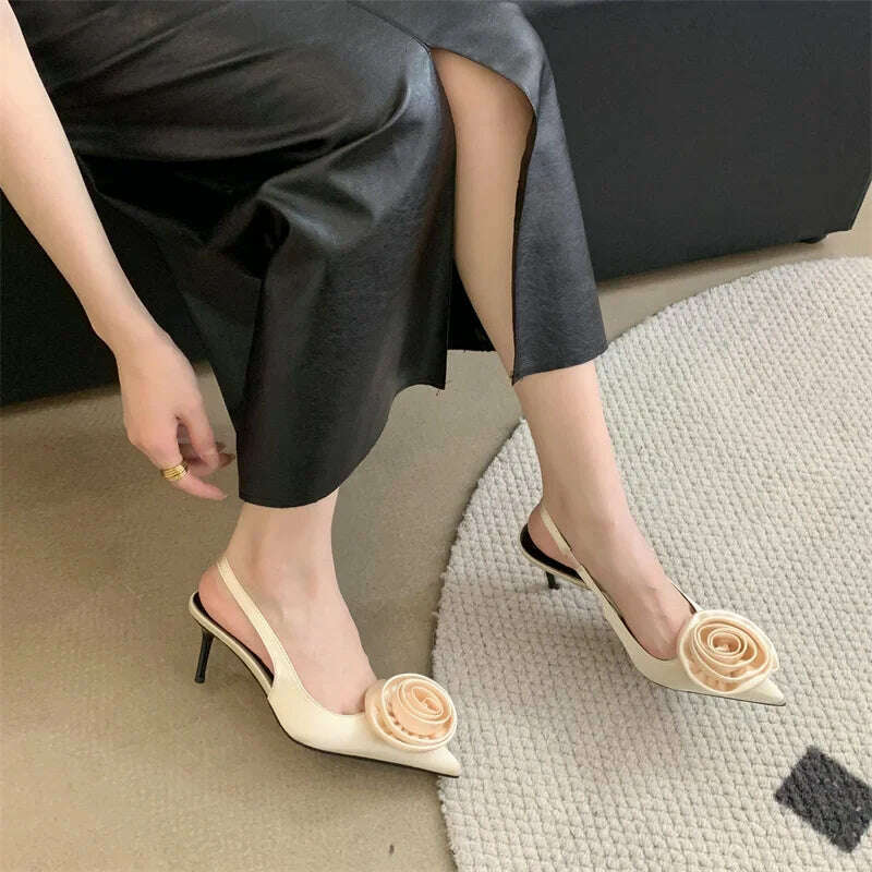 Satin Slingback Mule Women Pumps Sexy Design Flowers Pointed Toe Thin High Heels Banquet Wedding Shoes - KIMLUD