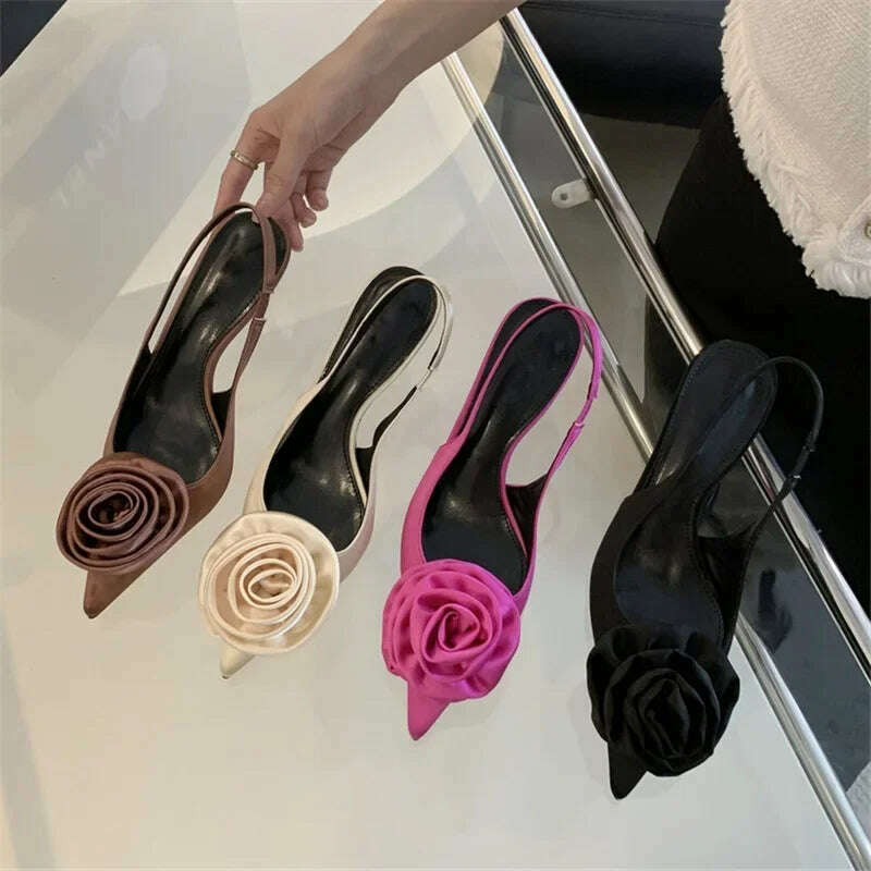 Satin Slingback Mule Women Pumps Sexy Design Flowers Pointed Toe Thin High Heels Banquet Wedding Shoes - KIMLUD