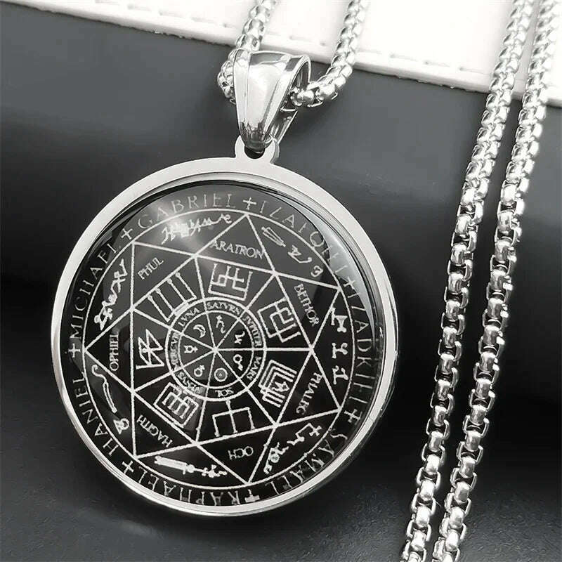 Seal of Seven Archangels Medal Stainless Steel Glass Necklace Seal of Solomon Talisman Necklace Protection Jewelry collar hombre - KIMLUD