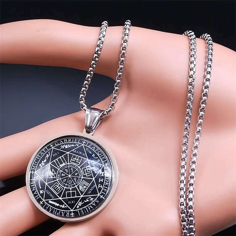 KIMLUD, Seal of Seven Archangels Medal Stainless Steel Glass Necklace Seal of Solomon Talisman Necklace Protection Jewelry collar hombre, KIMLUD Womens Clothes