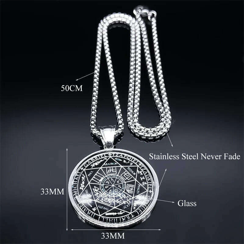 KIMLUD, Seal of Seven Archangels Medal Stainless Steel Glass Necklace Seal of Solomon Talisman Necklace Protection Jewelry collar hombre, KIMLUD Womens Clothes