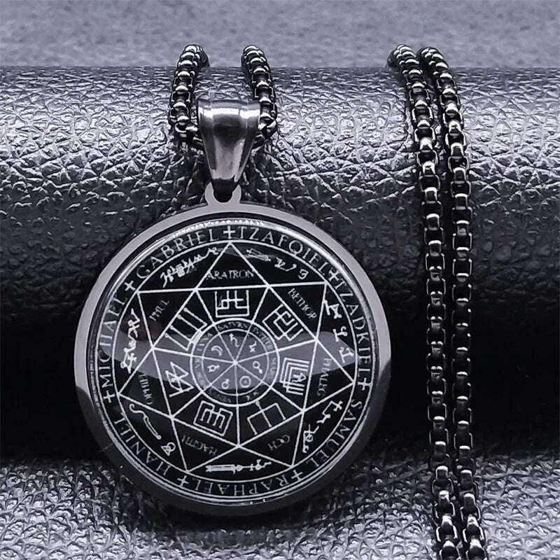 Seal of Seven Archangels Medal Stainless Steel Glass Necklace Seal of Solomon Talisman Necklace Protection Jewelry collar hombre - KIMLUD