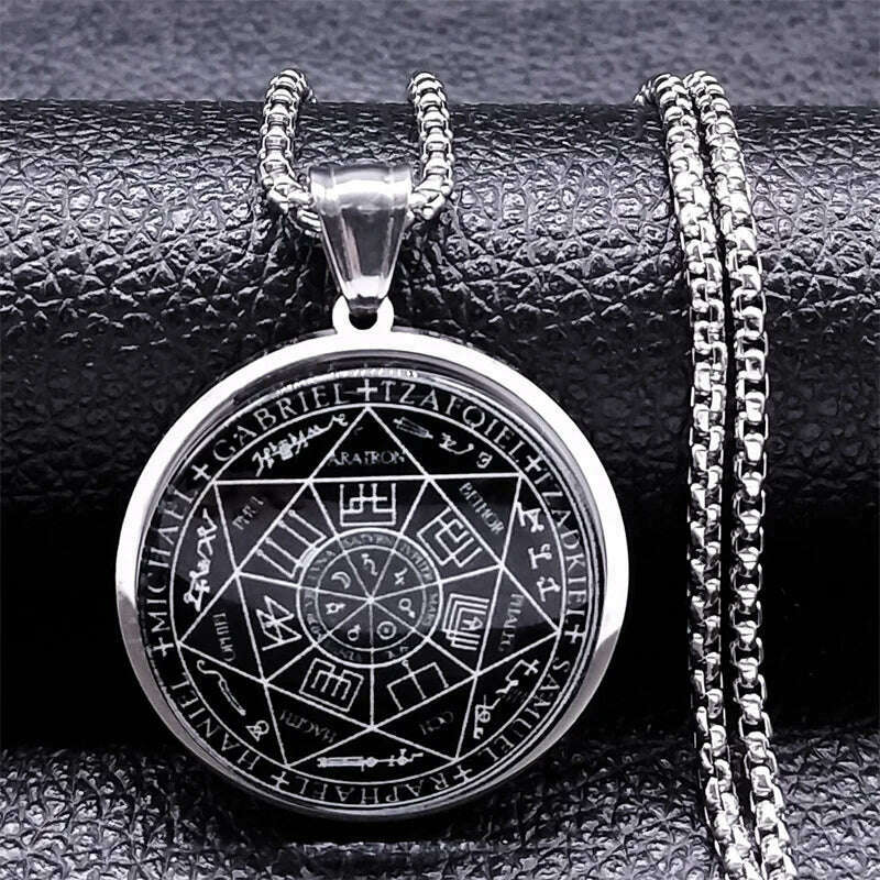 Seal of Seven Archangels Medal Stainless Steel Glass Necklace Seal of Solomon Talisman Necklace Protection Jewelry collar hombre - KIMLUD