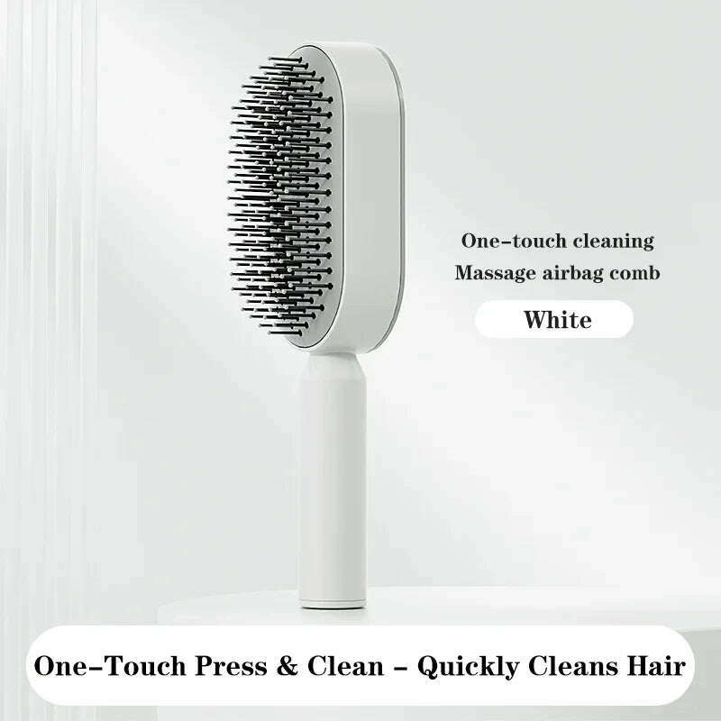 KIMLUD, Self Cleaning Hairbrush Women Hair Brush One-key Cleaning Hair Loss Airbag Scalp Massage Comb Anti-Static Hairbrush, Pressing White, KIMLUD APPAREL - Womens Clothes