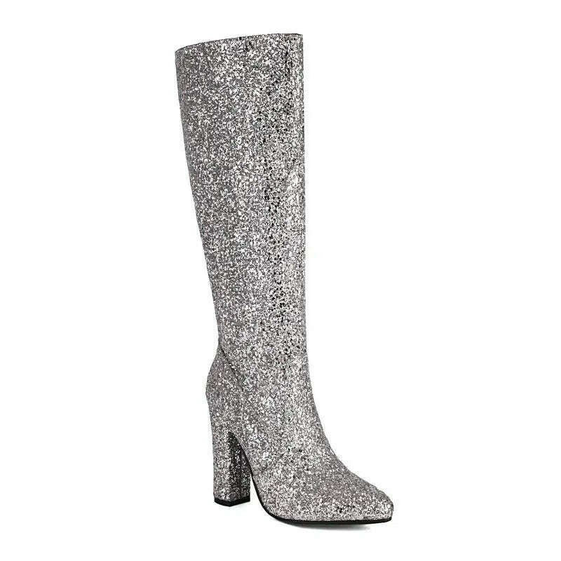 KIMLUD, Sequin Cloth Bling Bling Glitter Blue Gold Silver Party Weddding Bride Shoes Block High Heels Knee High Shiny Women Boots Winter, Silver / 12, KIMLUD APPAREL - Womens Clothes