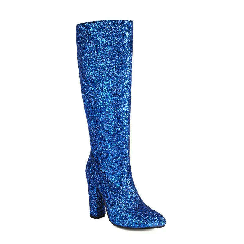 KIMLUD, Sequin Cloth Bling Bling Glitter Blue Gold Silver Party Weddding Bride Shoes Block High Heels Knee High Shiny Women Boots Winter, Blue / 5, KIMLUD APPAREL - Womens Clothes