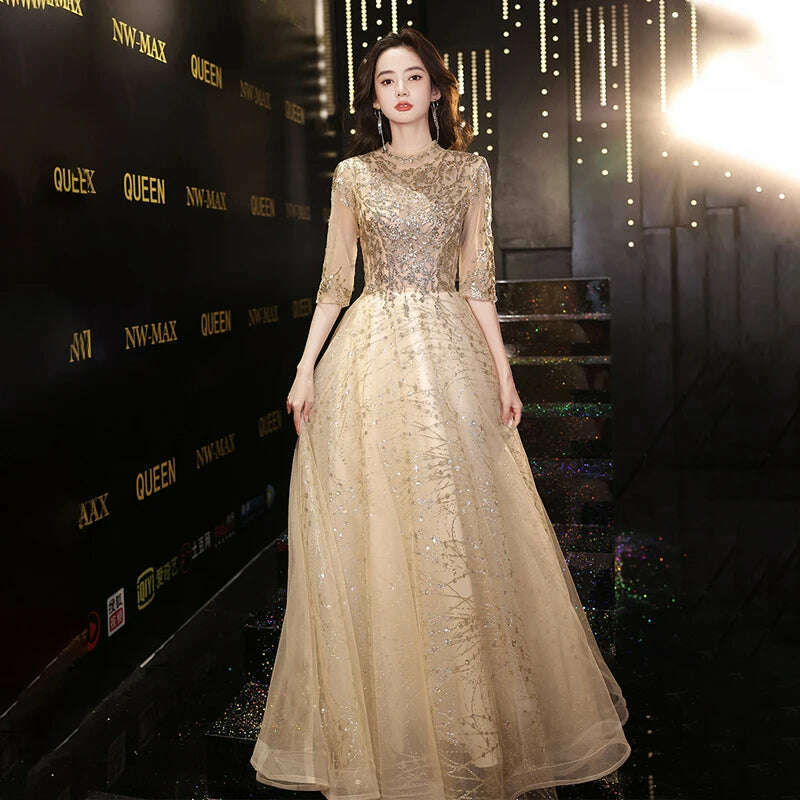 Sequins High Neck Evening Dress A-Line Half Sleeves Pleat Floor Length Lace Up Elegant Plus size Woman Formal Party Gowns XC032 - KIMLUD