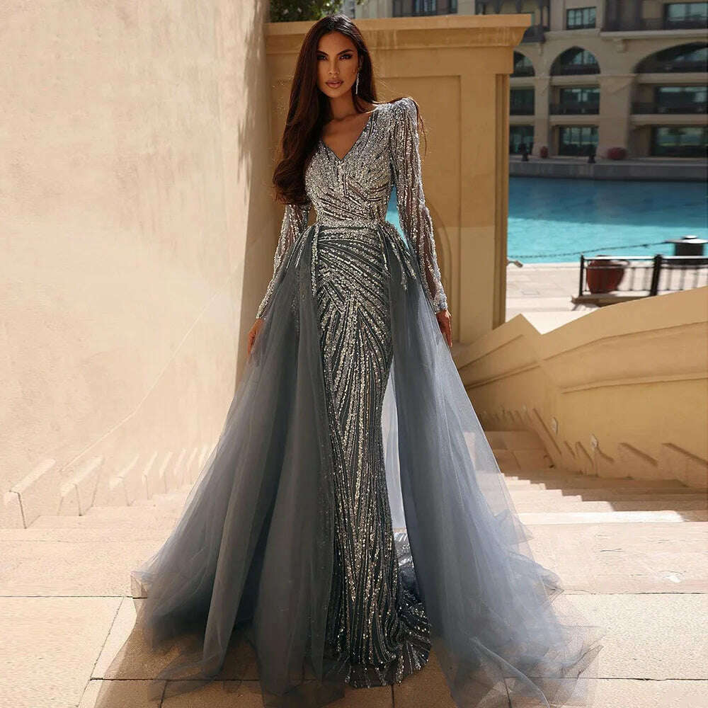 Serene Hill Dubai Mermaid Beaded Luxury Blue Muslim Evening Dresses Gowns with Detachable Skirt 2023 For Women Party LA71750 - KIMLUD