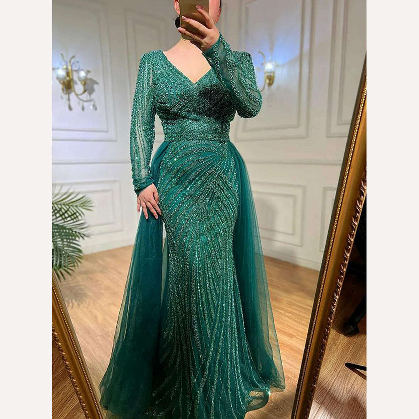 KIMLUD, Serene Hill Dubai Mermaid Beaded Luxury Blue Muslim  Evening Dresses Gowns  with Detachable Skirt 2023 For Women Party LA71750, KIMLUD Womens Clothes