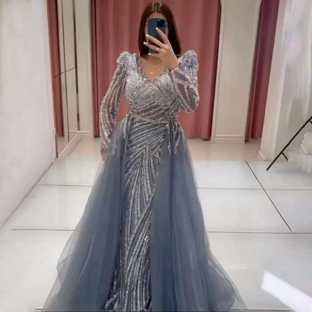 Serene Hill Dubai Mermaid Beaded Luxury Blue Muslim Evening Dresses Gowns with Detachable Skirt 2023 For Women Party LA71750 - KIMLUD