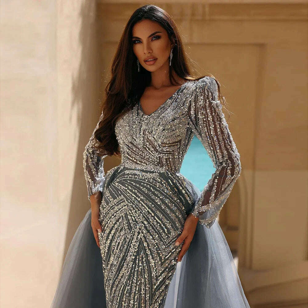 Serene Hill Dubai Mermaid Beaded Luxury Blue Muslim Evening Dresses Gowns with Detachable Skirt 2023 For Women Party LA71750 - KIMLUD