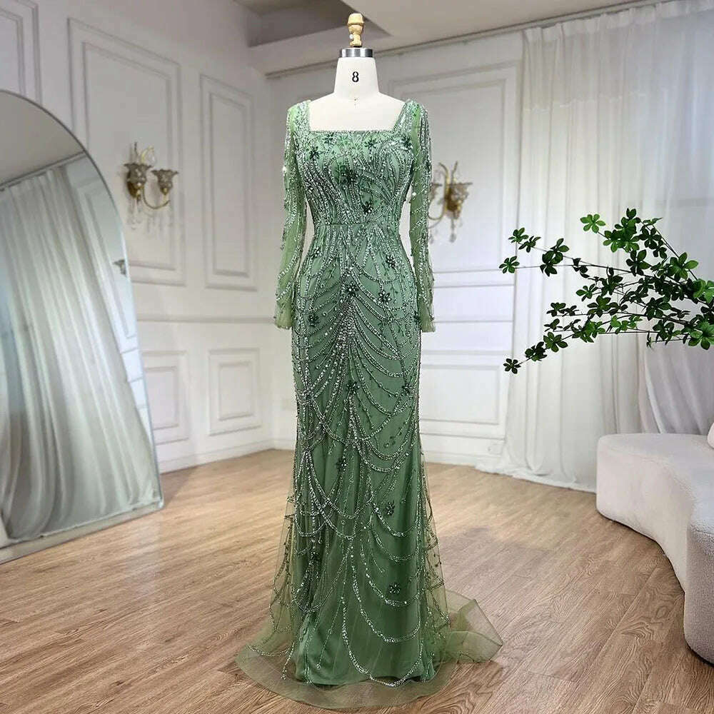 Serene Hill Luxury Dubai Green Mermaid Elegant Crystal Beaded Arabic Evening Dresses Gowns For Women Wedding Party 2023 BLA72242 - KIMLUD