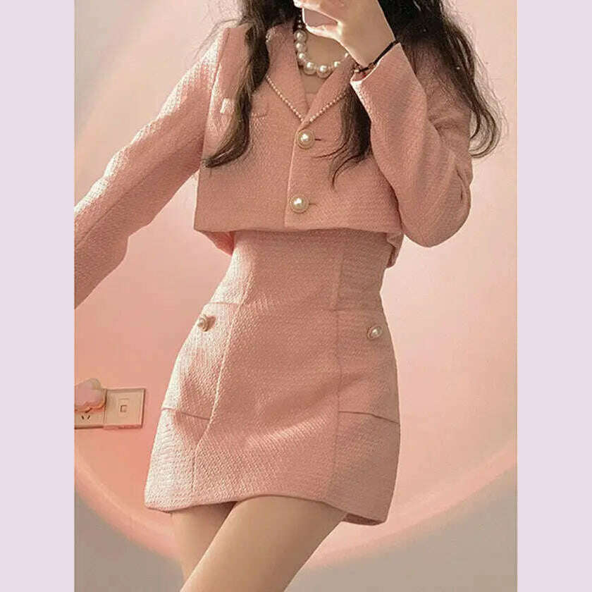 KIMLUD, Set Autumn Pink Elegant Two Piece Set Women Korean Style Coat+Strap Mini Dress Set Female Solid Casual Slim Designer 2024, KIMLUD Womens Clothes