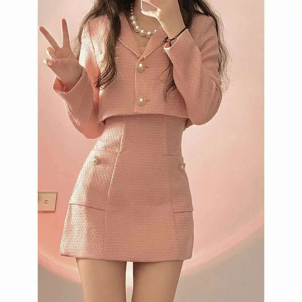 KIMLUD, Set Autumn Pink Elegant Two Piece Set Women Korean Style Coat+Strap Mini Dress Set Female Solid Casual Slim Designer 2024, KIMLUD Womens Clothes