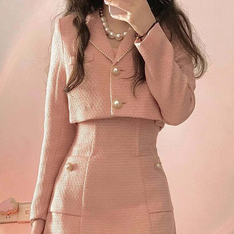 Set Autumn Pink Elegant Two Piece Set Women Korean Style Coat+Strap Mini Dress Set Female Solid Casual Slim Designer 2024 - KIMLUD