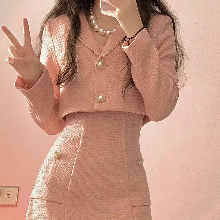 Set Autumn Pink Elegant Two Piece Set Women Korean Style Coat+Strap Mini Dress Set Female Solid Casual Slim Designer 2024 - KIMLUD