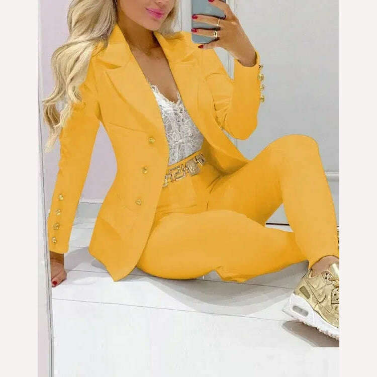 KIMLUD, Sets for Women 2 Pieces New Spring/Autumn Leisure Fashion Small Suit Women's Suit Women Blazer Set Elegant Jacket and Pants Set, Yellow / S, KIMLUD APPAREL - Womens Clothes