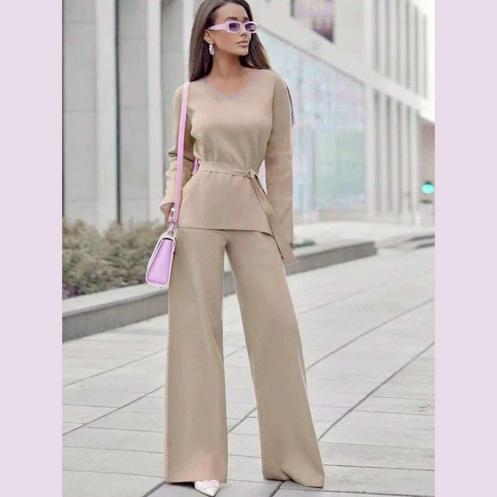 Sets for Women 2 Pieces Spring Autumn New Elegant V Neck Lace Up Tops Suits Fashion Casual Loose High Waisted Wide Leg Pant Sets - KIMLUD